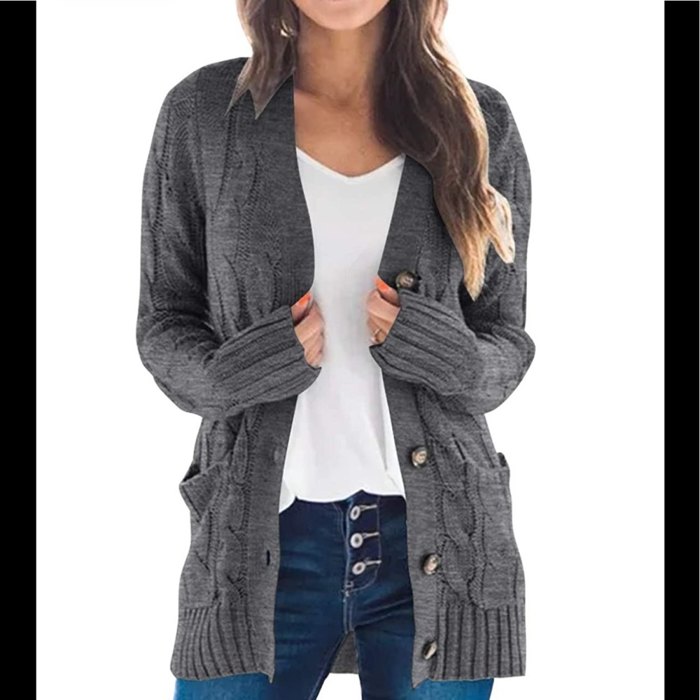 Grey Long Knit Button Cardigan